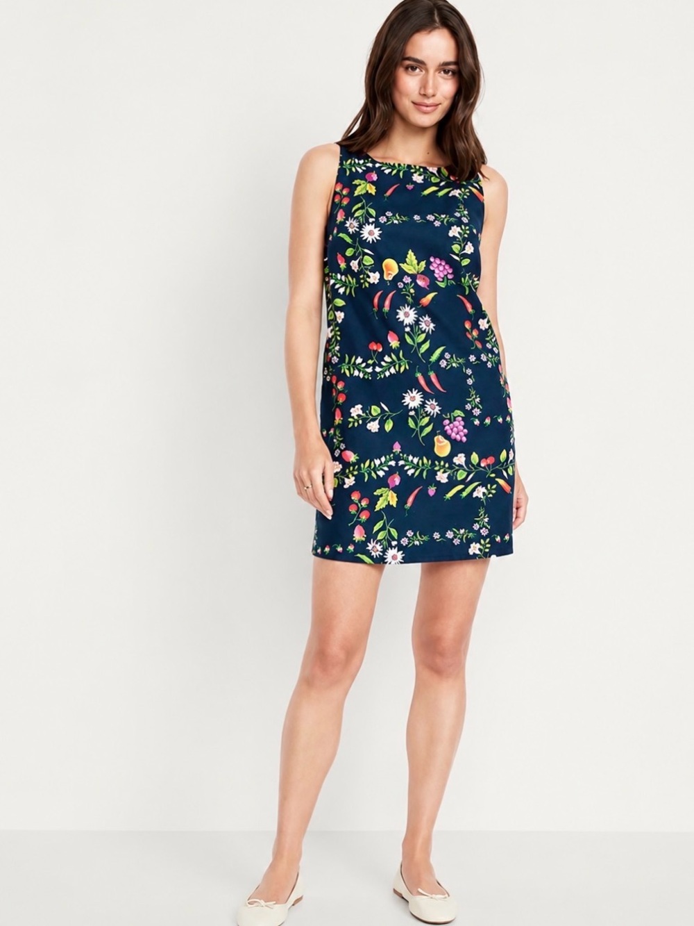 Old Navy Sleeveless Linen Blend Mini Shift Dress M Tall Blue Mixed Fruit Flowers